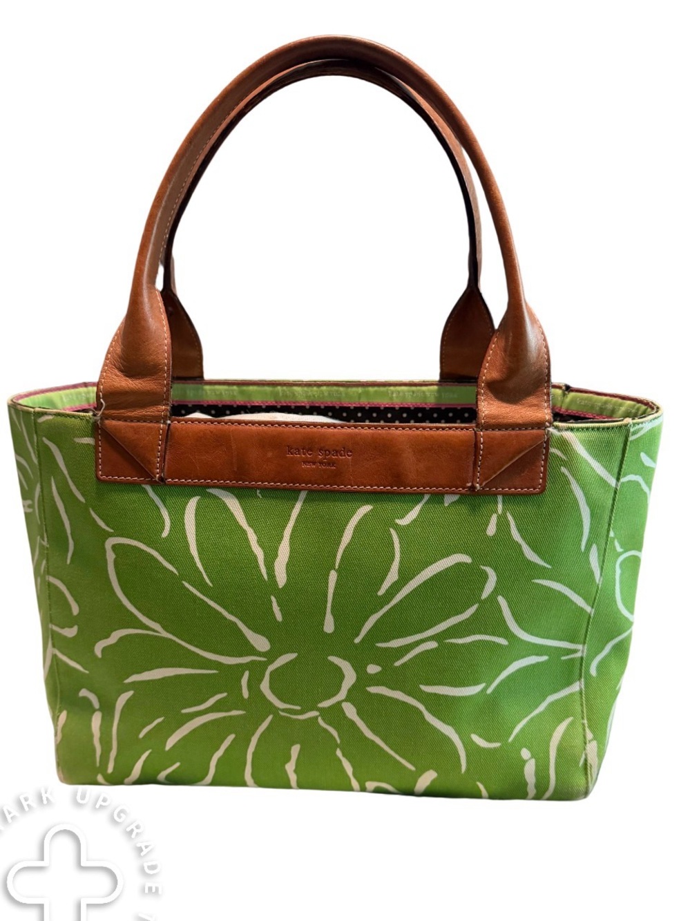 Kate Spade Green Canvas Floral Tote Brown Leather Handles w/dustbag